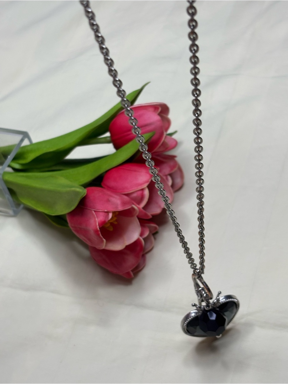 Gothic Crown Heart & Key Charm Pendant Necklace - Black Crystal